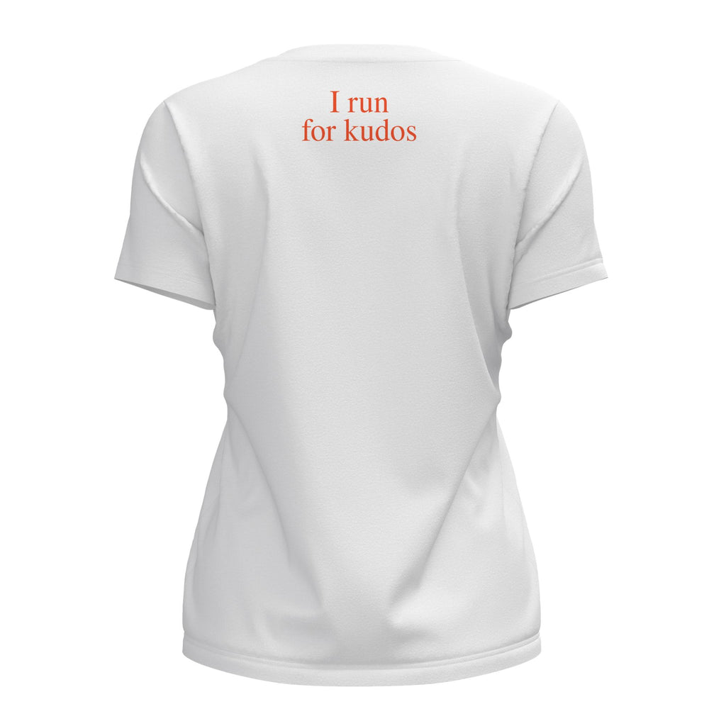 Ukhu ladies white brushed cotton crew neck t-shirt back with orange branding.