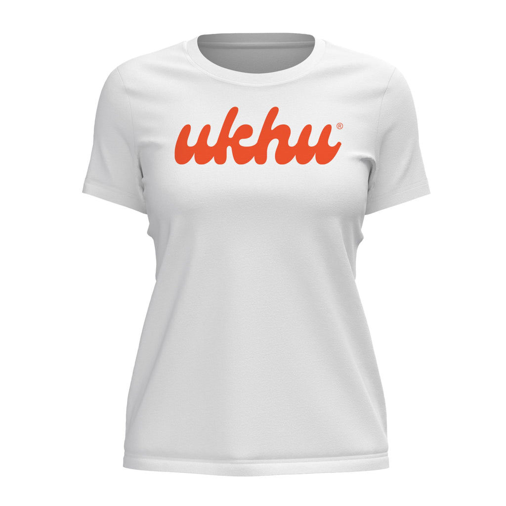 Ukhu ladies white brushed cotton crew neck t-shirt front with orange branding.