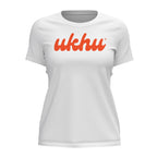 Ukhu ladies white brushed cotton crew neck t-shirt front with orange branding.