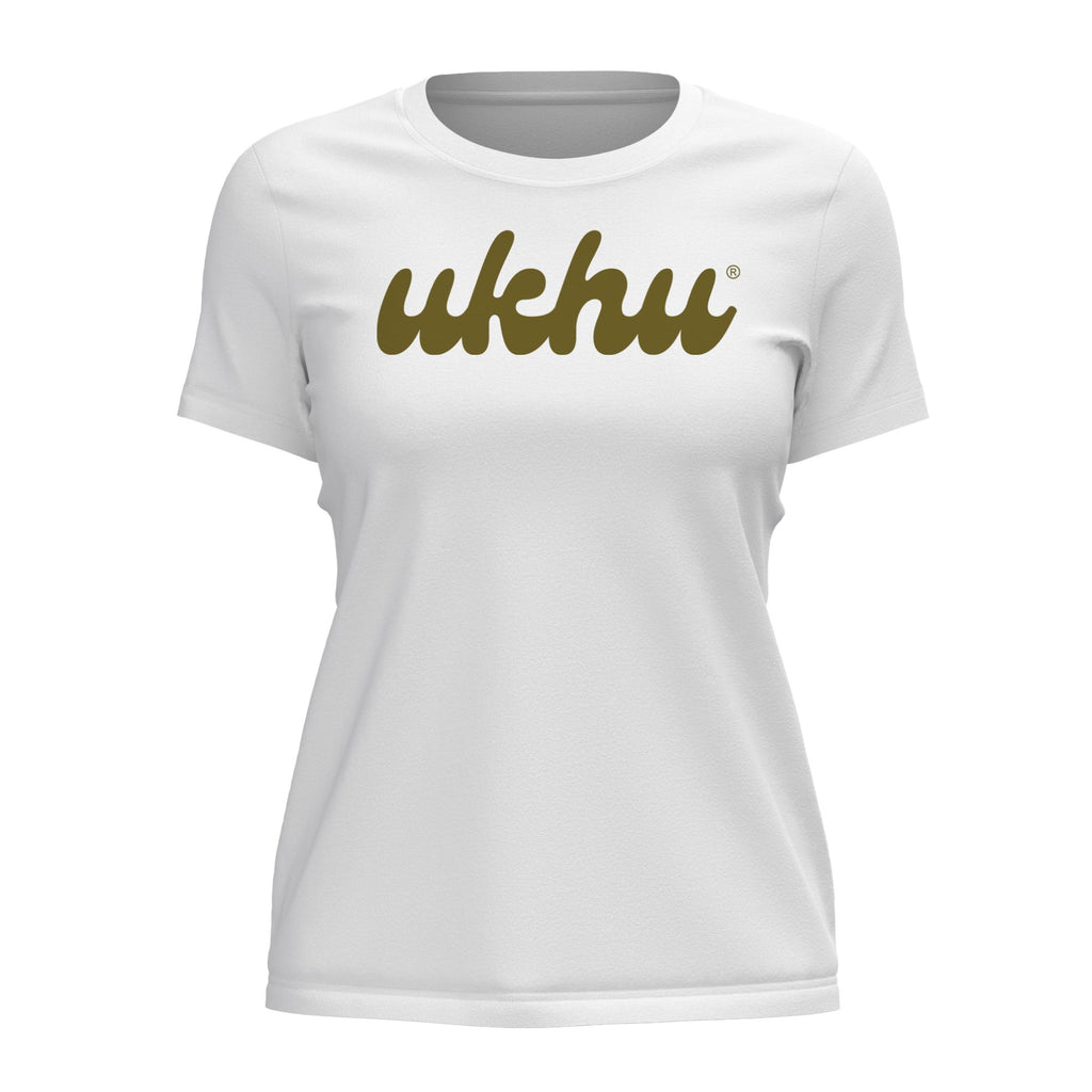 Ukhu ladies white brushed cotton crew neck t-shirt front with olive branding.