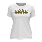 Ukhu ladies white brushed cotton crew neck t-shirt front with olive branding.