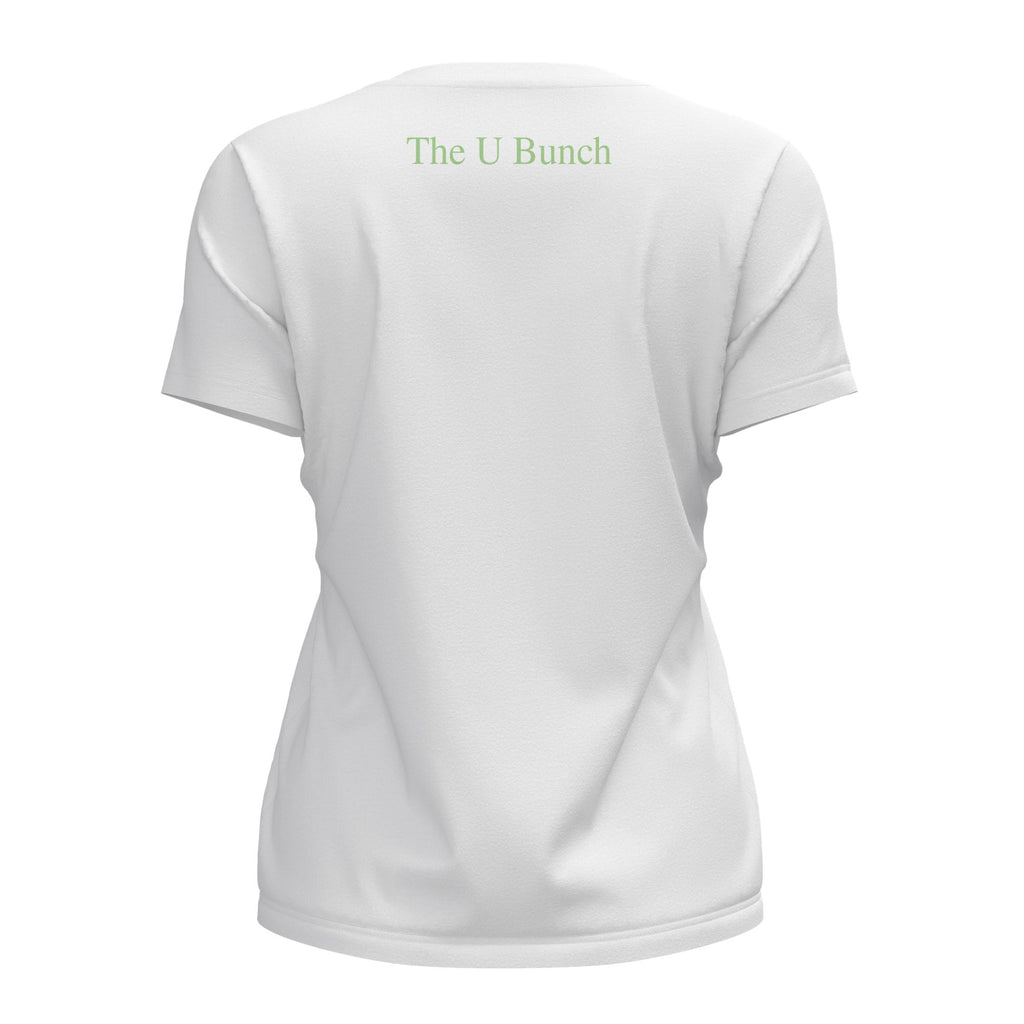 Ukhu ladies white brushed cotton crew neck t-shirt back with seafoam branding.