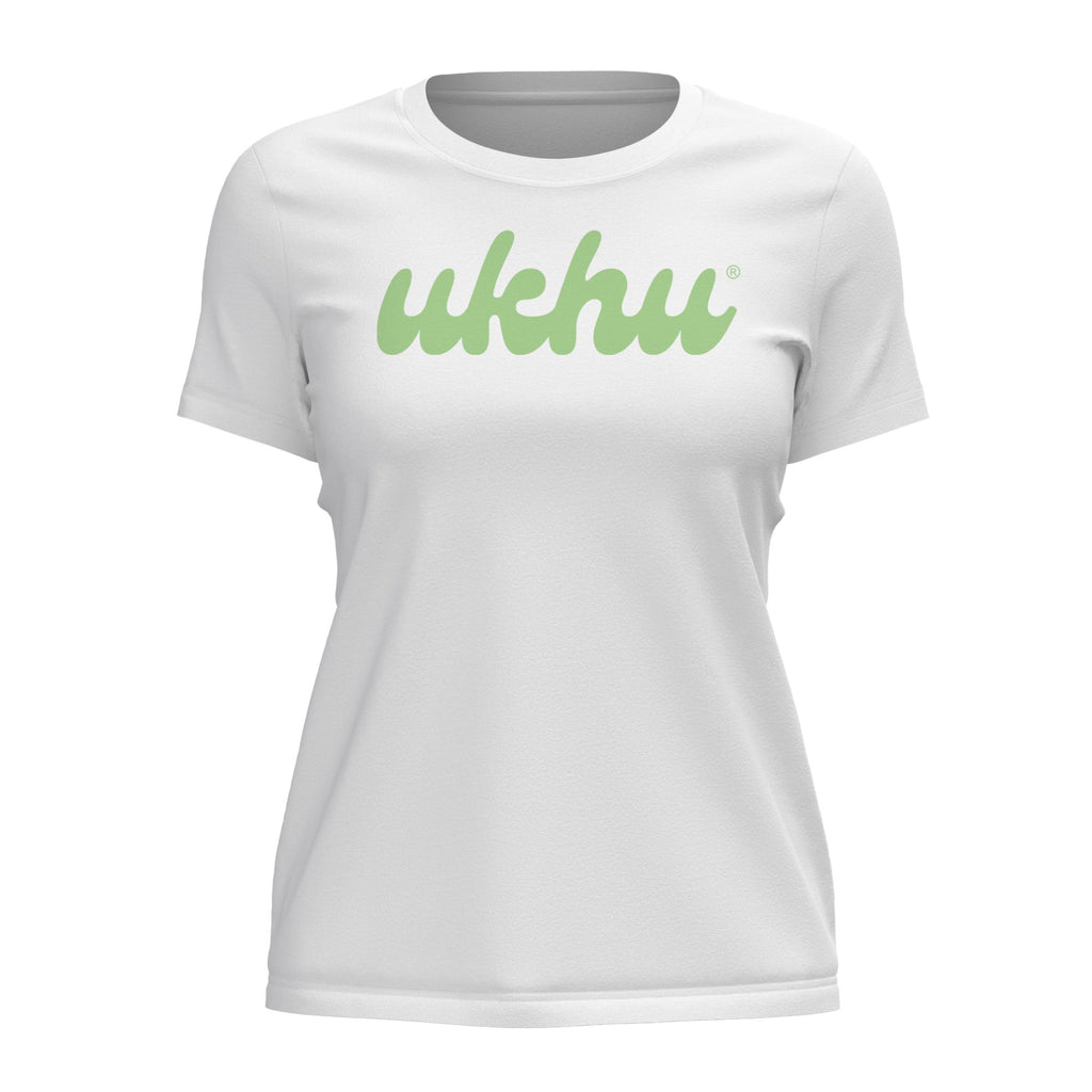 Ukhu ladies white brushed cotton crew neck t-shirt front with seafoam branding.