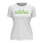 Ukhu ladies white brushed cotton crew neck t-shirt front with seafoam branding.