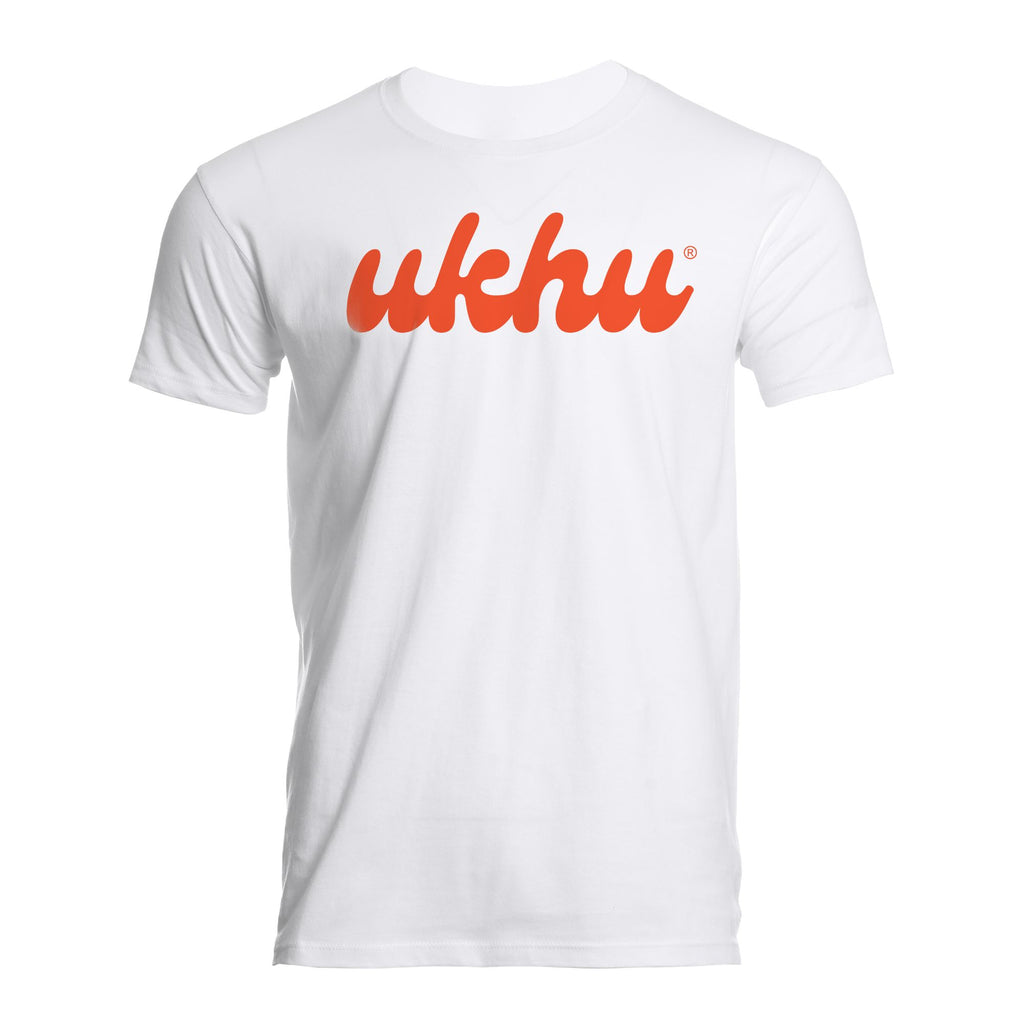 Ukhu mens white brushed cotton crew neck t-shirt front with orange branding.