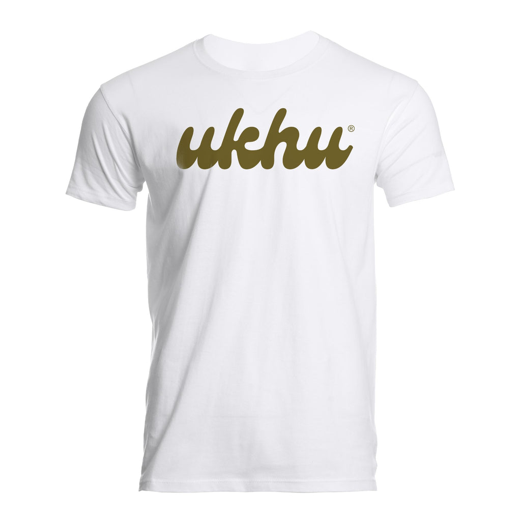 Ukhu mens white brushed cotton crew neck t-shirt front with olive branding.