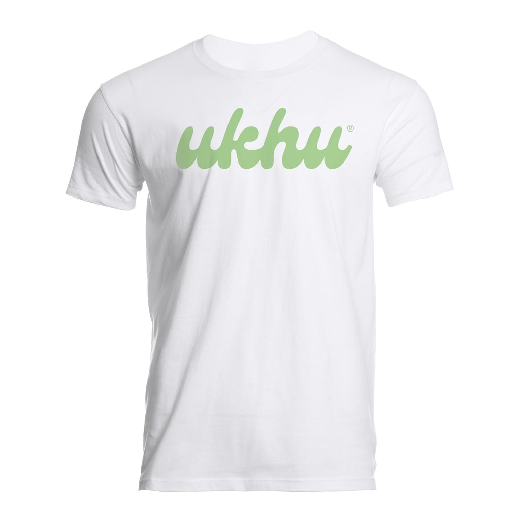 Ukhu mens white brushed cotton crew neck t-shirt front with seafoam branding.