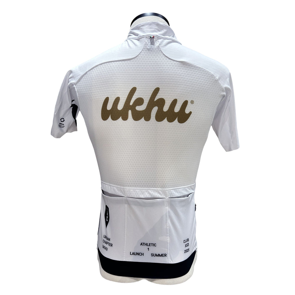 Ukhu white Q36.5 cycling jersey back with olive and black branding.