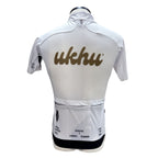 Ukhu white Q36.5 cycling jersey back with olive and black branding.