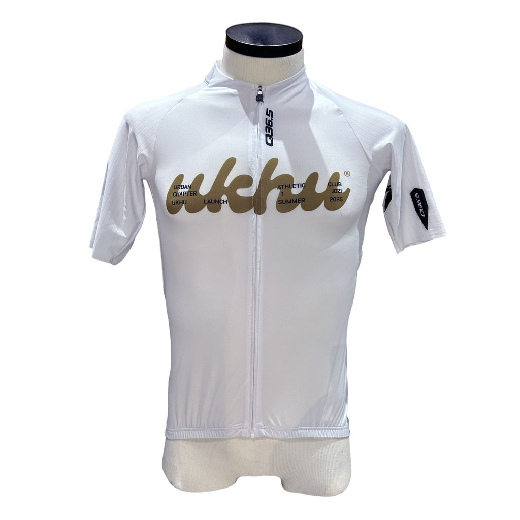 Ukhu white Q36.5 cycling jersey front with olive and black branding.